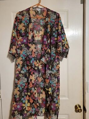 LuLaRoe Black Sheer Floral Long Kimono with Multicolor Blooms